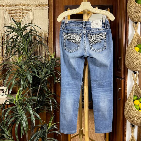 Vintage Y2K Miss Me Skinny Jeans 27 | Embroidered Angel Wing Rhinestone Denim - Picture 1 of 16